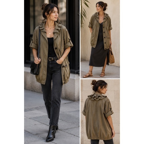 EDUN Jackets & Blazers - EDUN Olive Green Military Utility Jacket Ruffle Collar Oversized Size M/L
